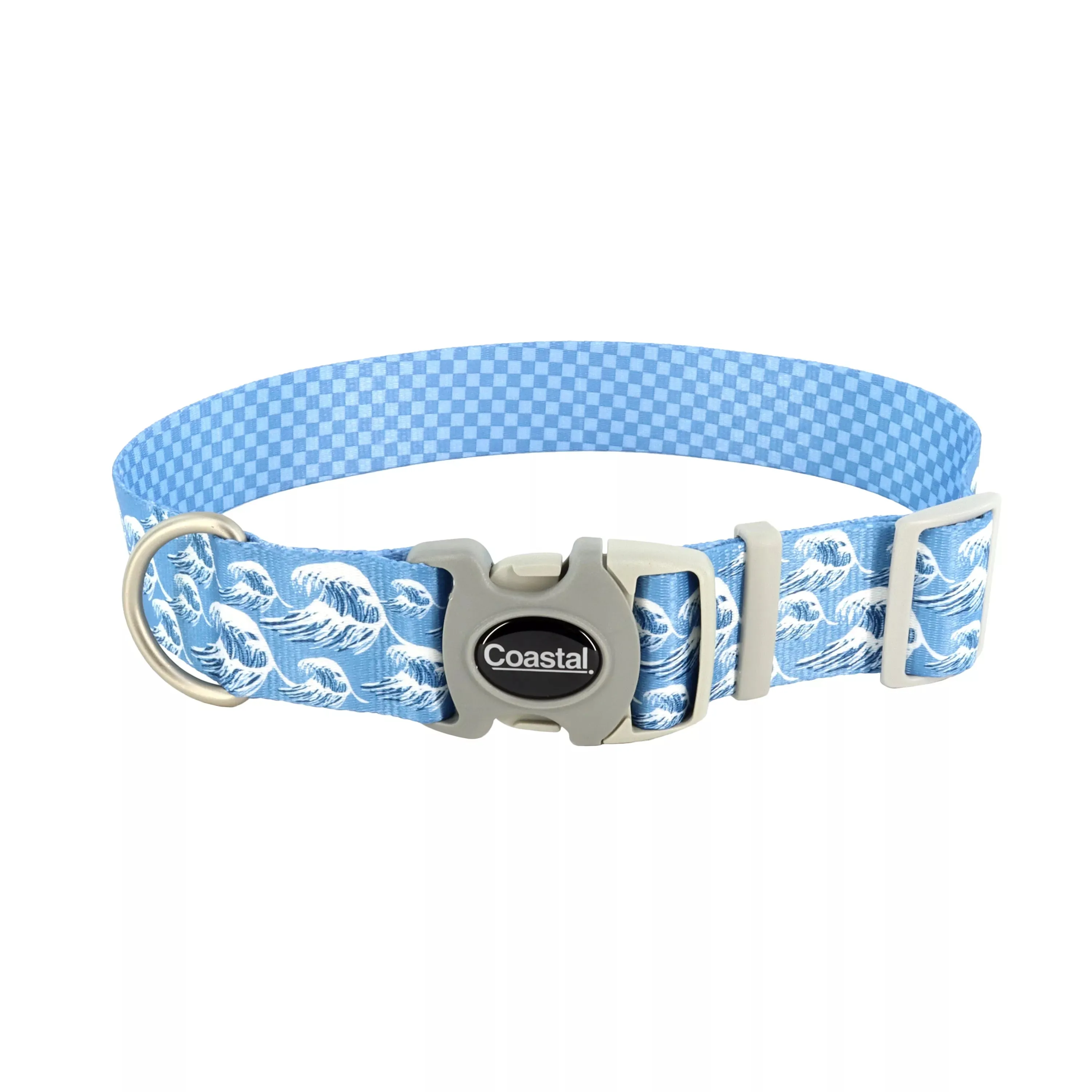 Coastal Pet Products Sublime Adjustable Dog Collar in Blue Waves with Blue Checkers