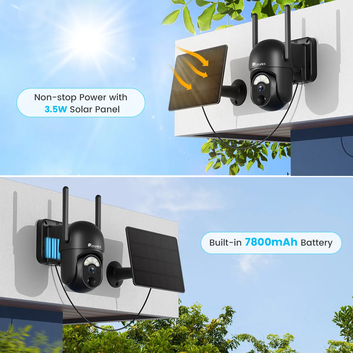 Ctronics 2K 3MP Solar Security Camera Wireless Outdoor with 7800mAh Rechargeable Battery & AI/PIR Detection