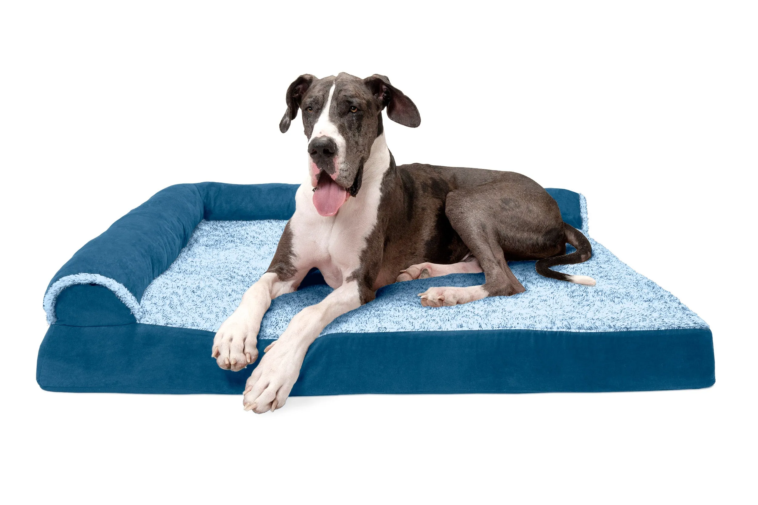 Deluxe Chaise Lounge Dog Bed - Two-Tone Faux Fur & Suede