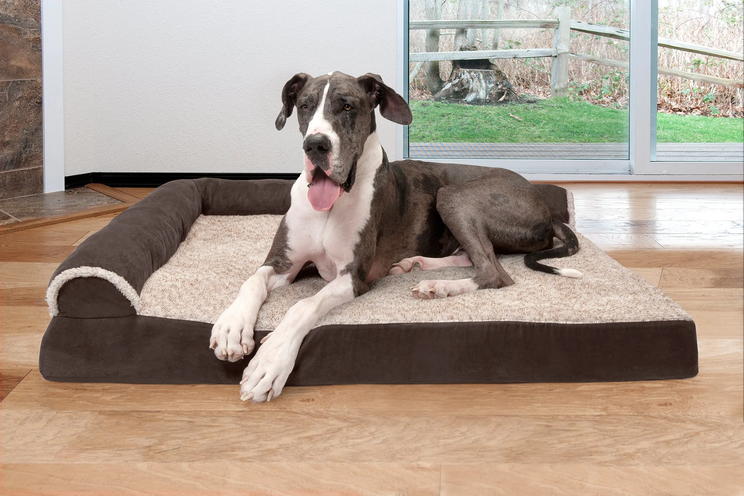 Deluxe Chaise Lounge Dog Bed - Two-Tone Faux Fur & Suede