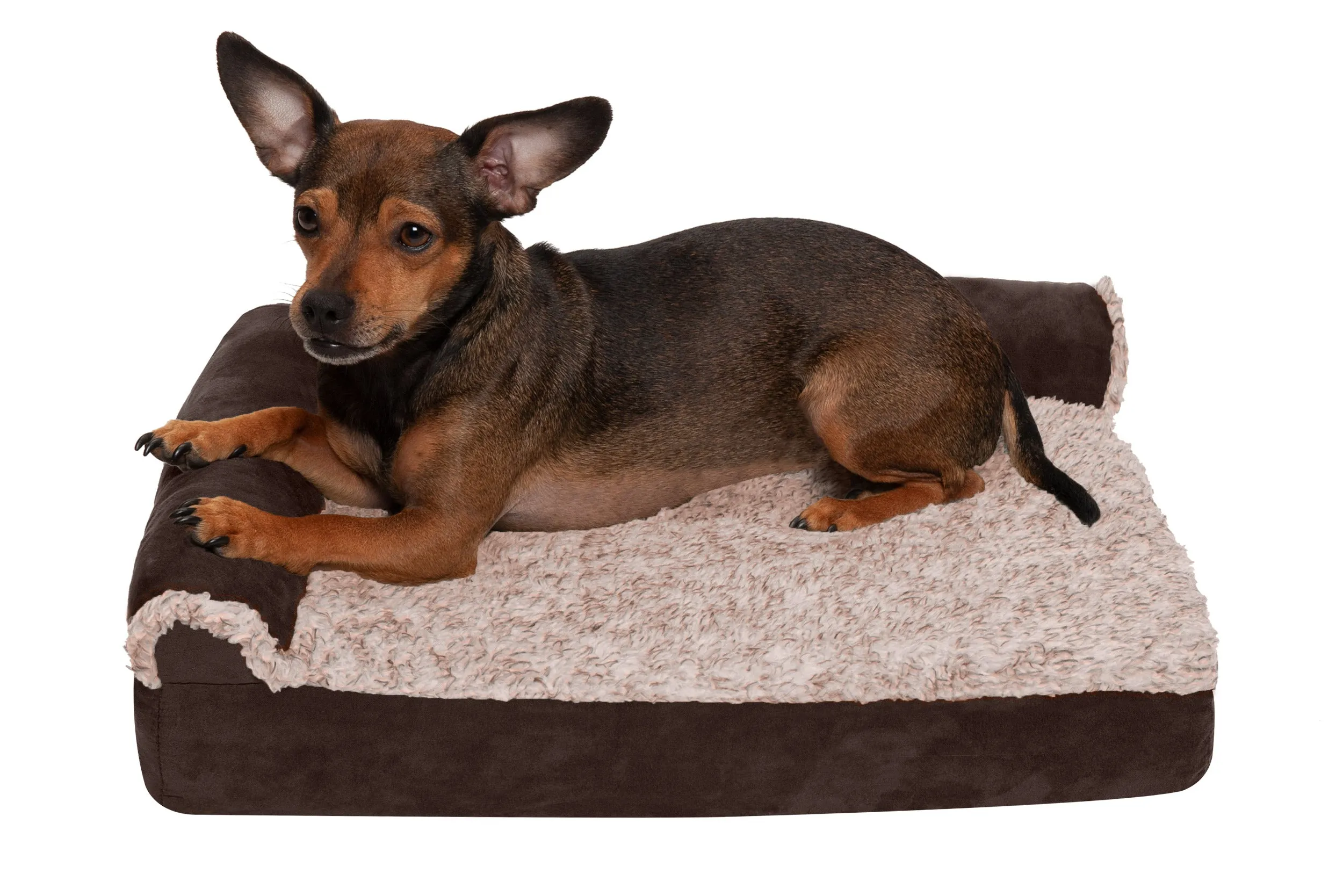 Deluxe Chaise Lounge Dog Bed - Two-Tone Faux Fur & Suede