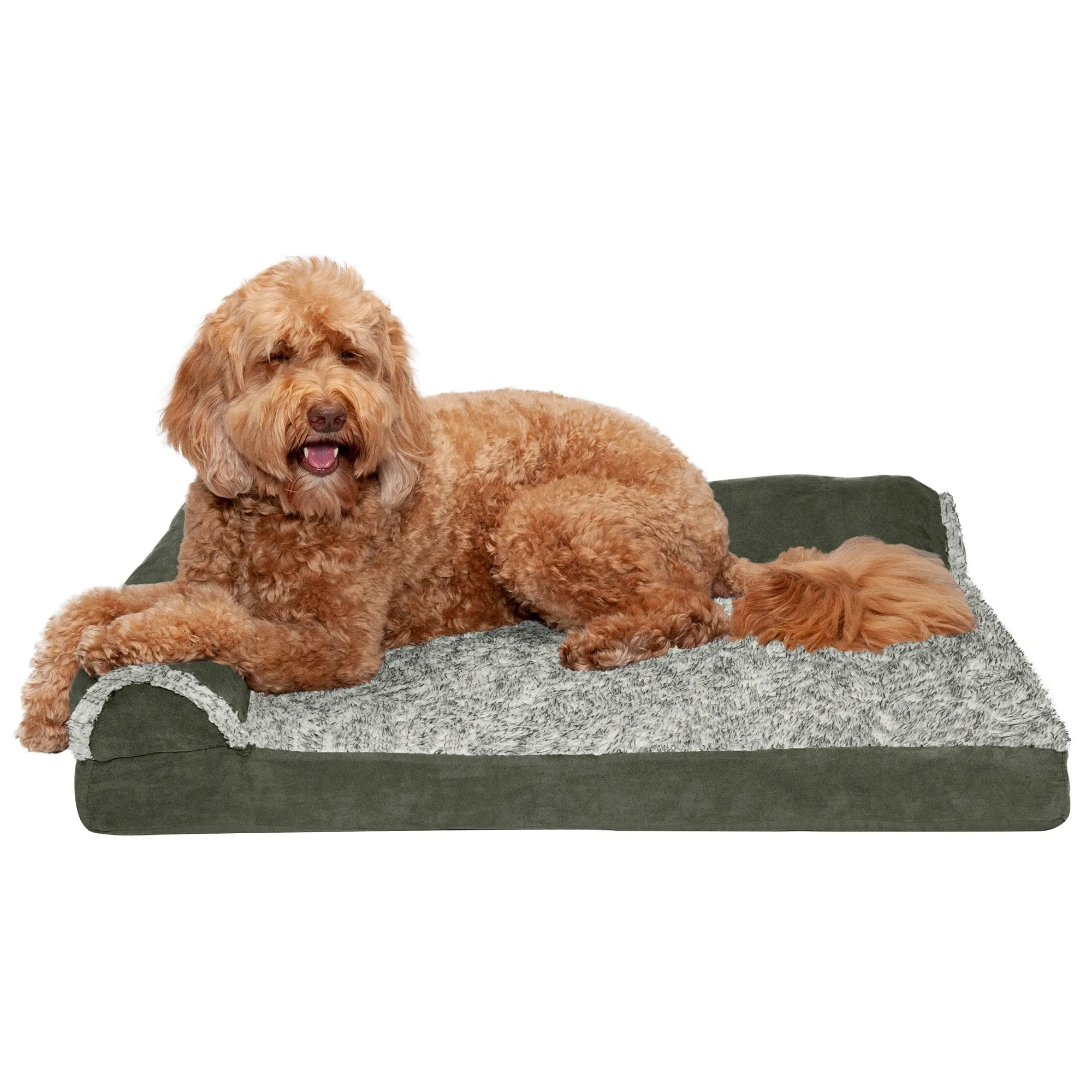 Deluxe Chaise Lounge Dog Bed - Two-Tone Faux Fur & Suede