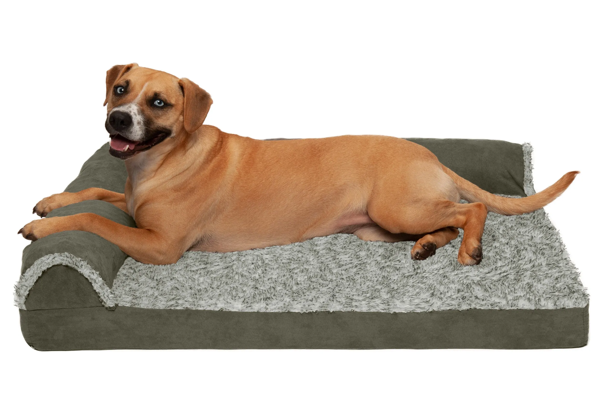 Deluxe Chaise Lounge Dog Bed - Two-Tone Faux Fur & Suede