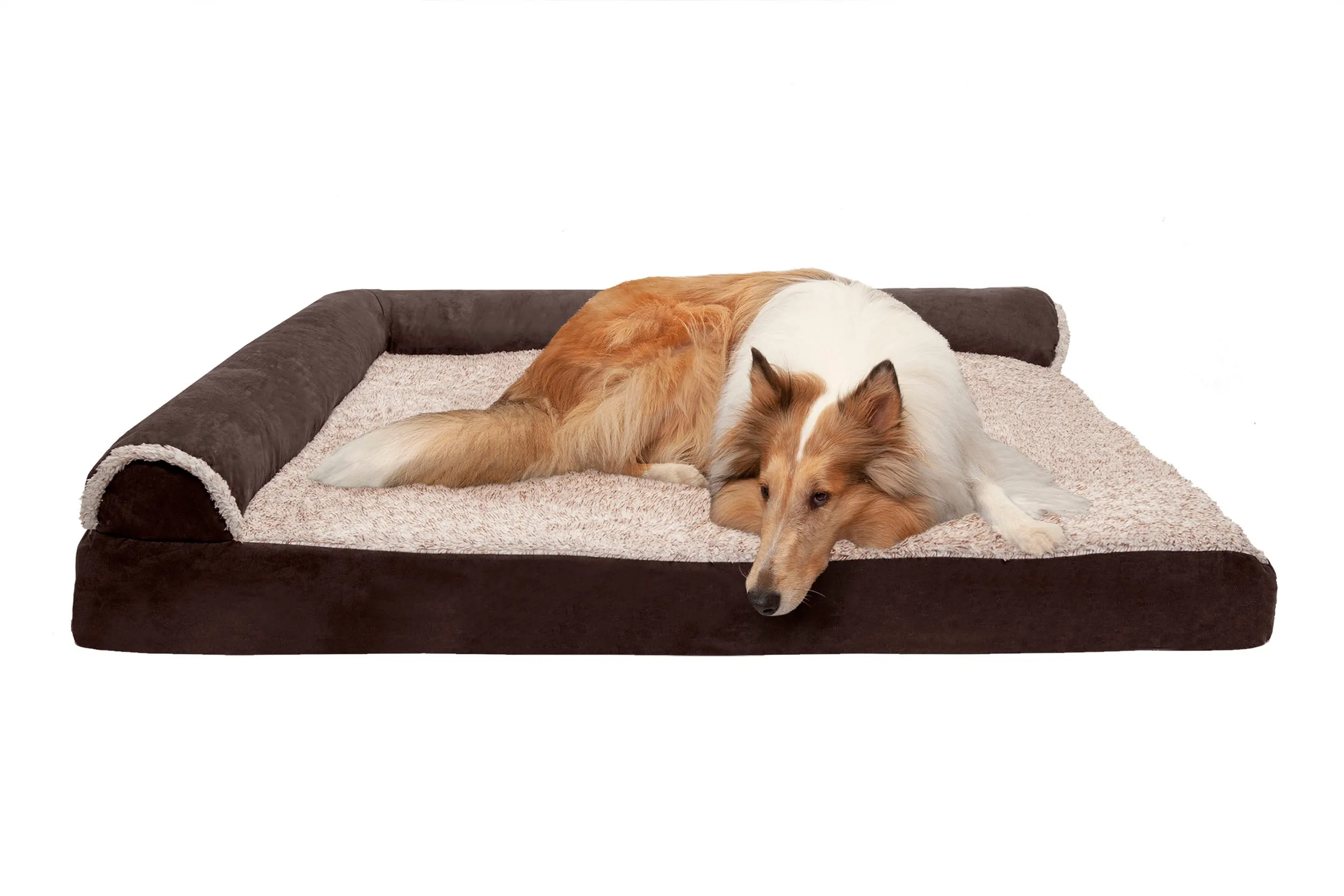 Deluxe Chaise Lounge Dog Bed - Two-Tone Faux Fur & Suede