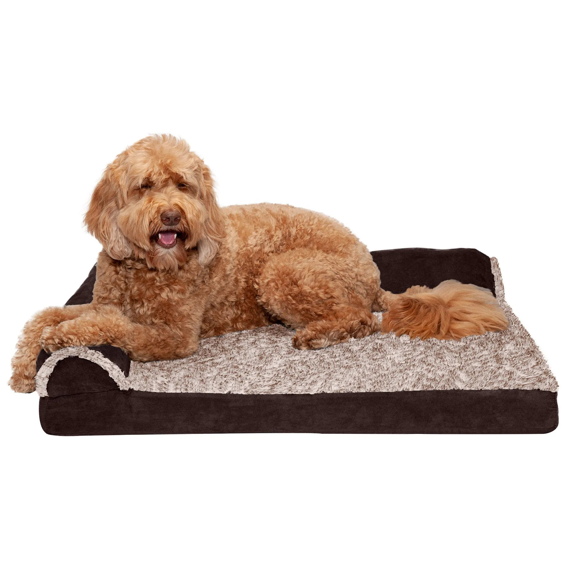 Deluxe Chaise Lounge Dog Bed - Two-Tone Faux Fur & Suede