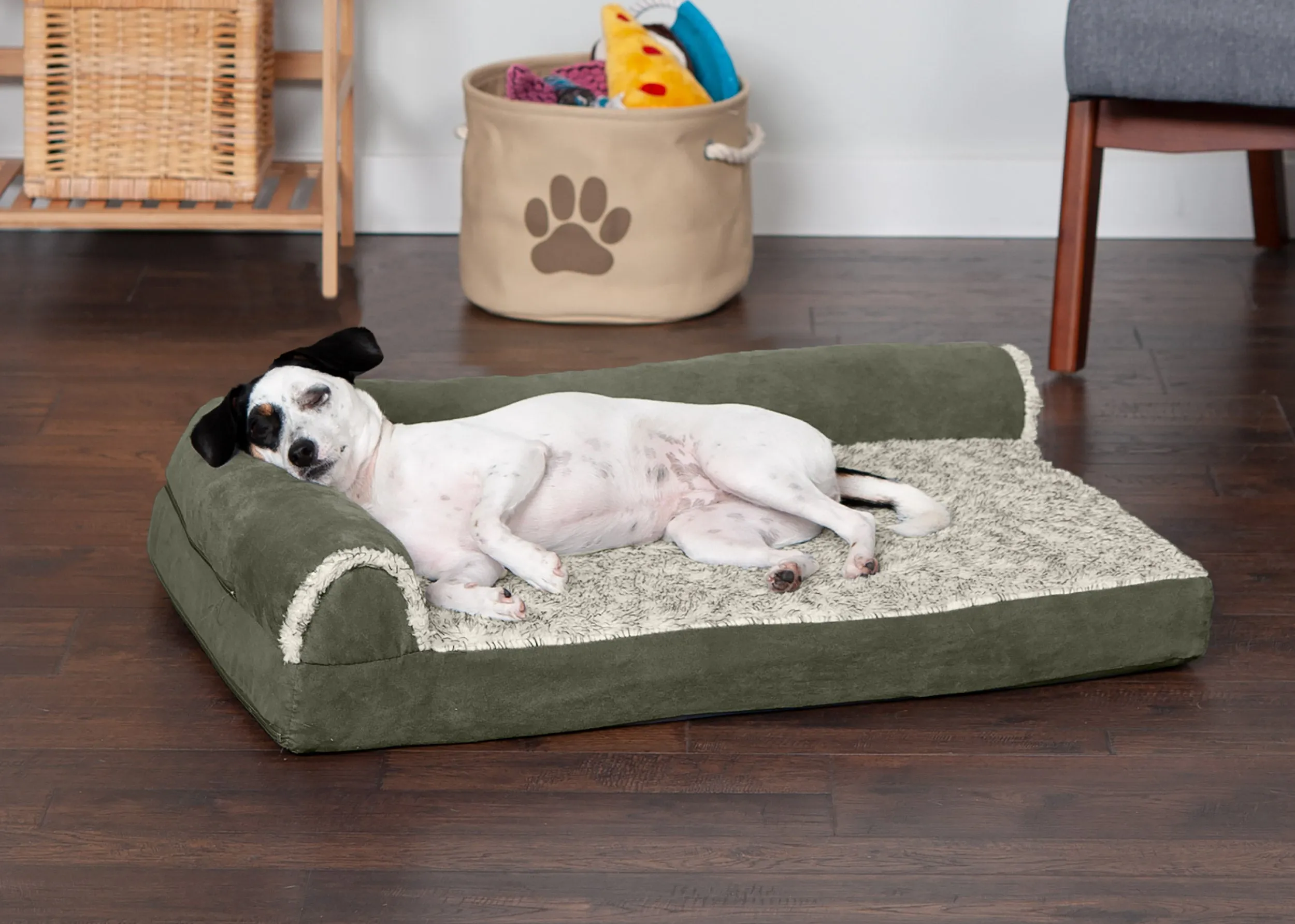 Deluxe Chaise Lounge Dog Bed - Two-Tone Faux Fur & Suede