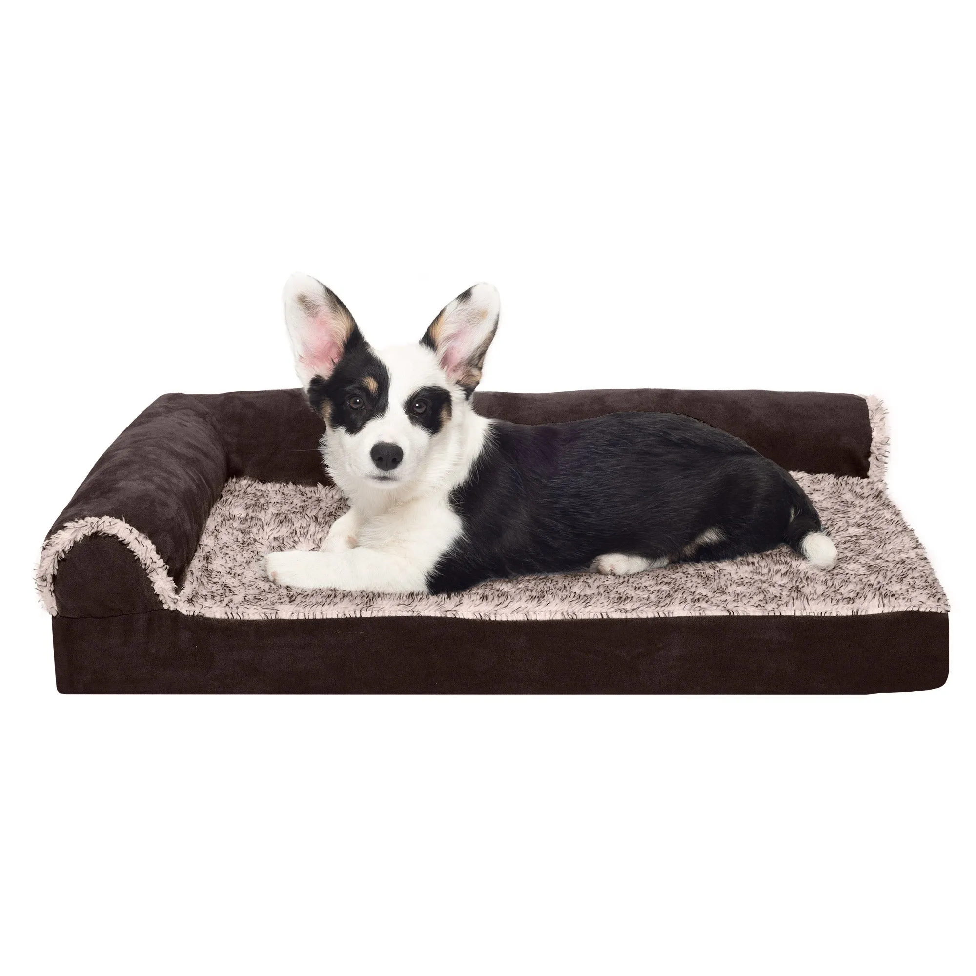 Deluxe Chaise Lounge Dog Bed - Two-Tone Faux Fur & Suede