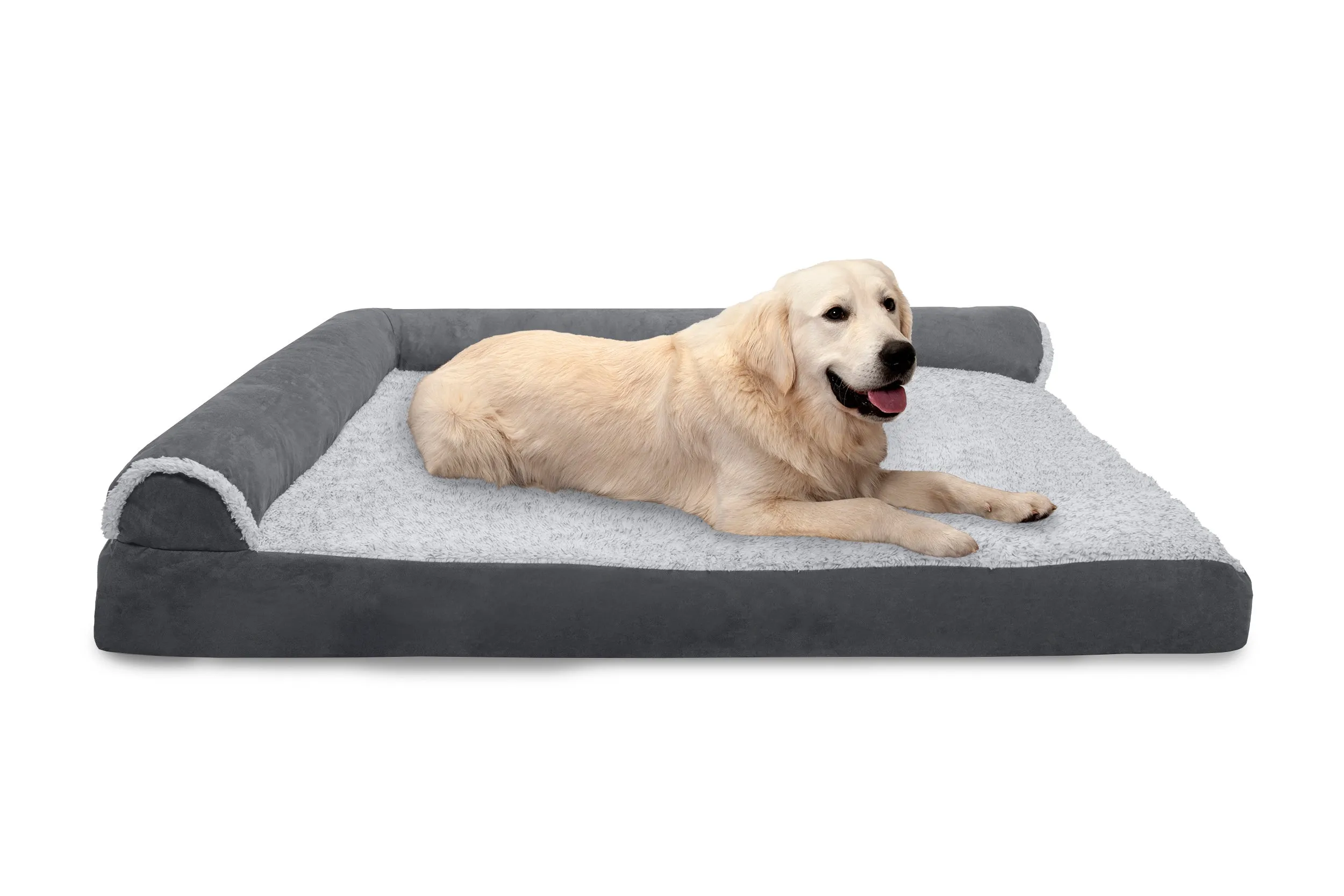 Deluxe Chaise Lounge Dog Bed - Two-Tone Faux Fur & Suede