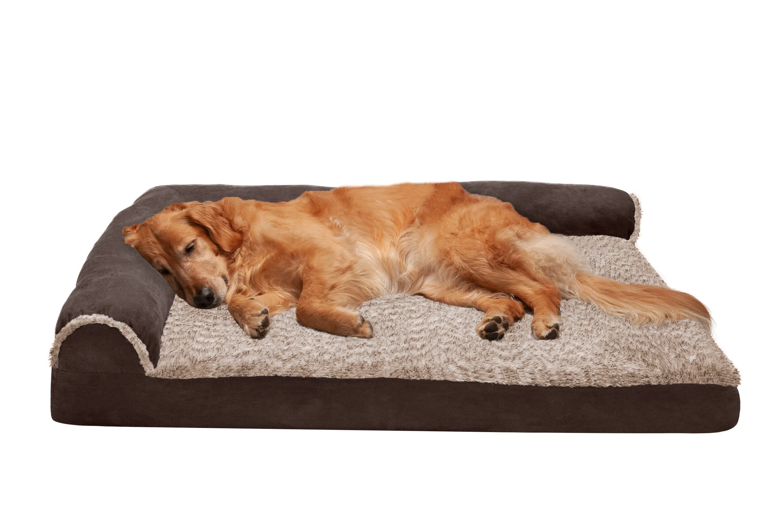 Deluxe Chaise Lounge Dog Bed - Two-Tone Faux Fur & Suede