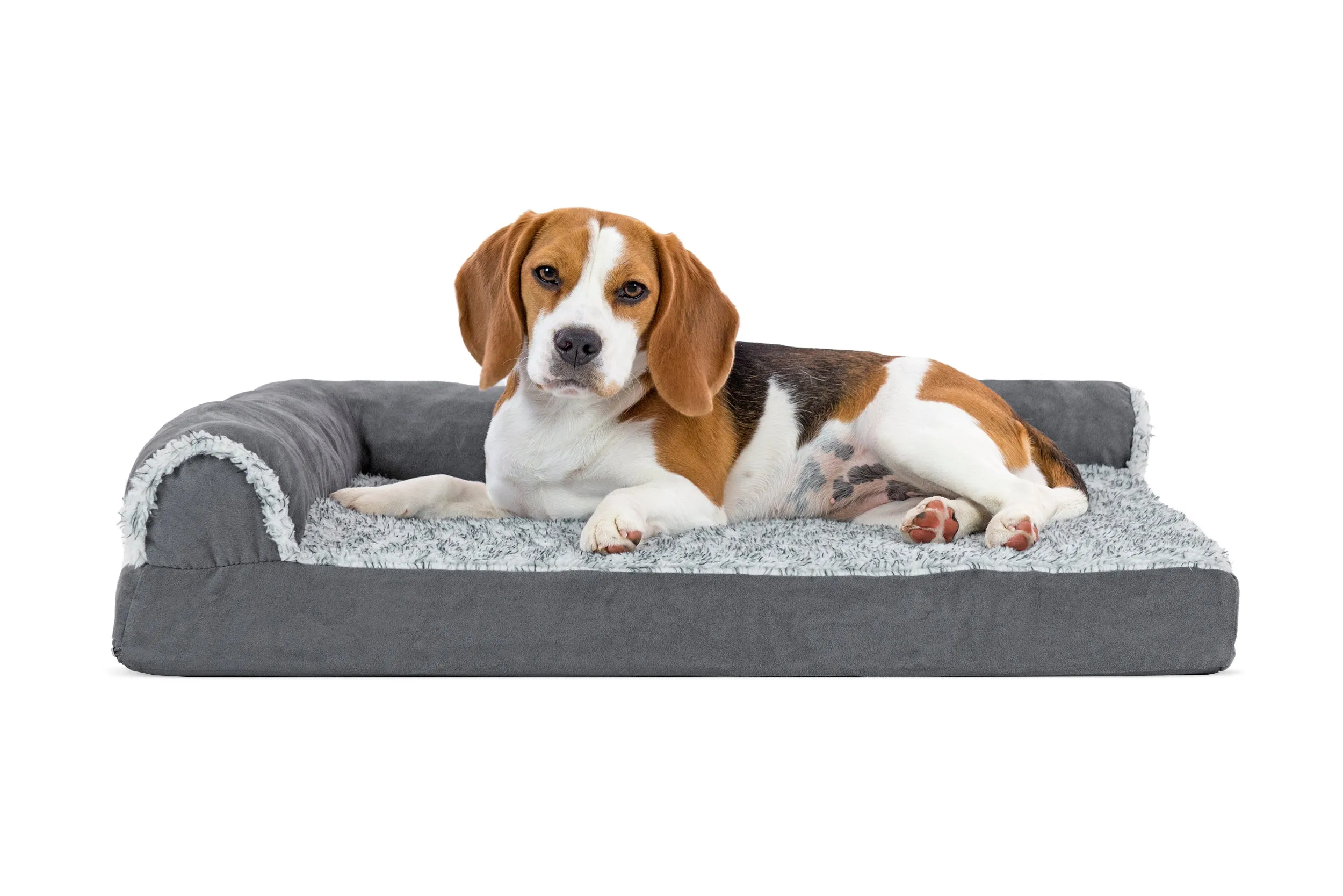 Deluxe Chaise Lounge Dog Bed - Two-Tone Faux Fur & Suede