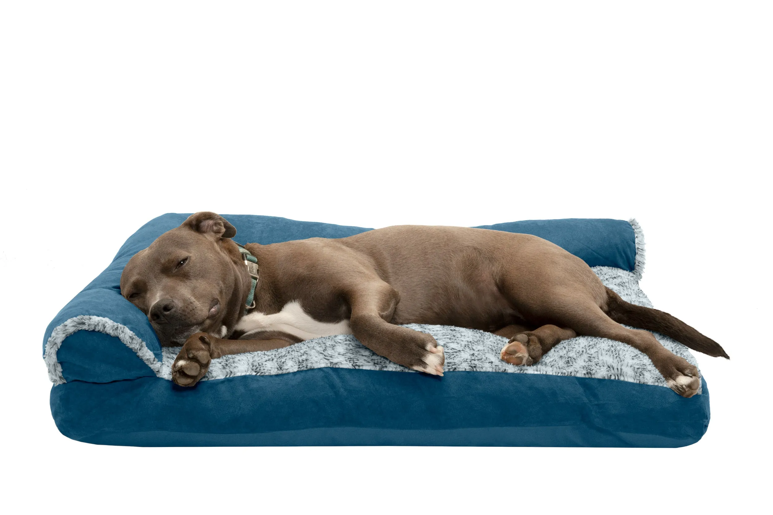 Deluxe Chaise Lounge Dog Bed - Two-Tone Faux Fur & Suede