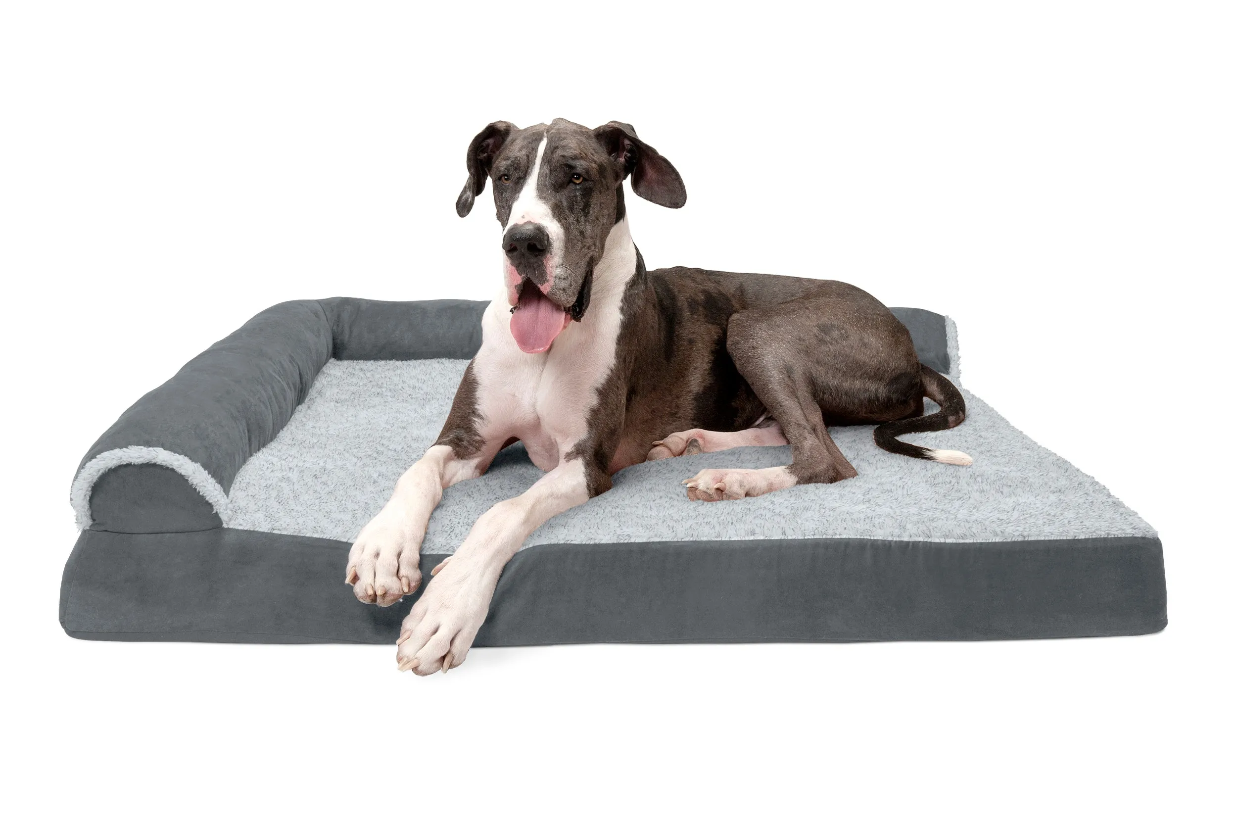 Deluxe Chaise Lounge Dog Bed - Two-Tone Faux Fur & Suede