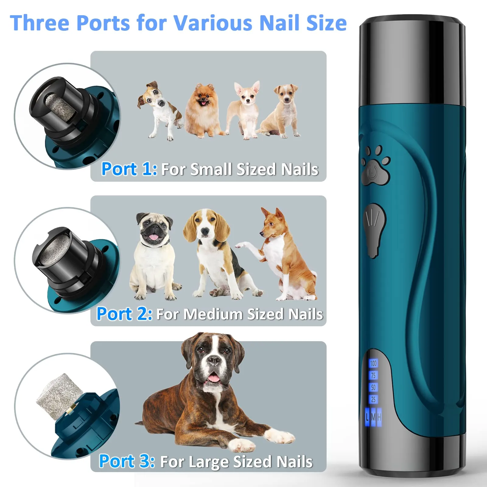 Dog Nail Grinder, Dog Nail Trimmers and Clippers Kit, Super Quiet Electric Pet Nail Grinder, Rechargeable, for Small Large Dogs & Cats Toenail & Claw Grooming,3 Speeds, 2 Grinding Wheels (A-Dark Blue)