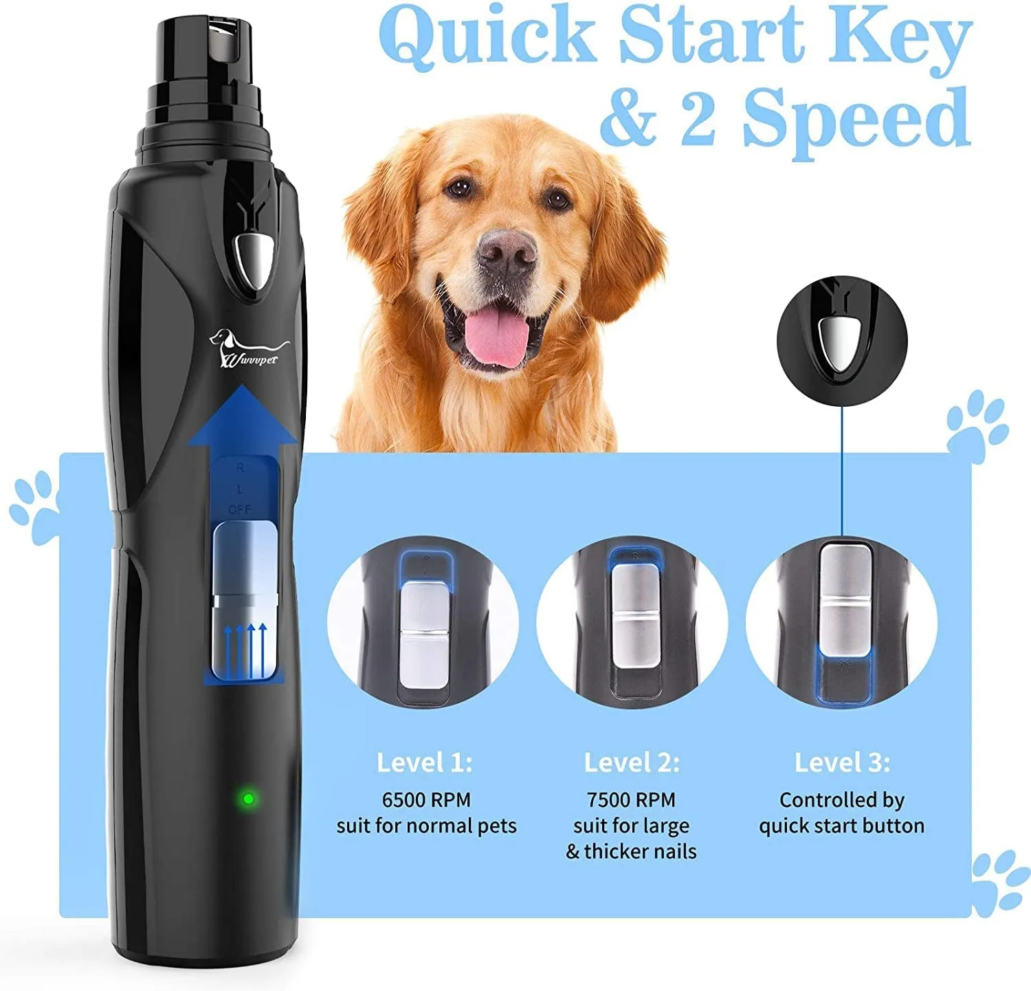 Dog Nail Grinder with Light & 2 Wheels, Low Noise More Powerful Dog Nail Clipper, Electric Pet Nail Trimmer File, Painless Paw Claw Care, Quiet USB Rechargeable Grooming Tool for L/M/S Dog/Cat/Bird