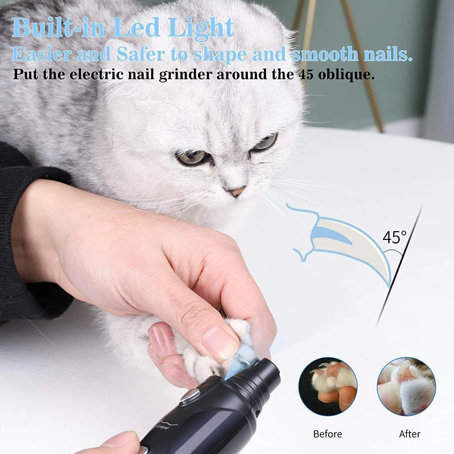 Dog Nail Grinder with Light & 2 Wheels, Low Noise More Powerful Dog Nail Clipper, Electric Pet Nail Trimmer File, Painless Paw Claw Care, Quiet USB Rechargeable Grooming Tool for L/M/S Dog/Cat/Bird