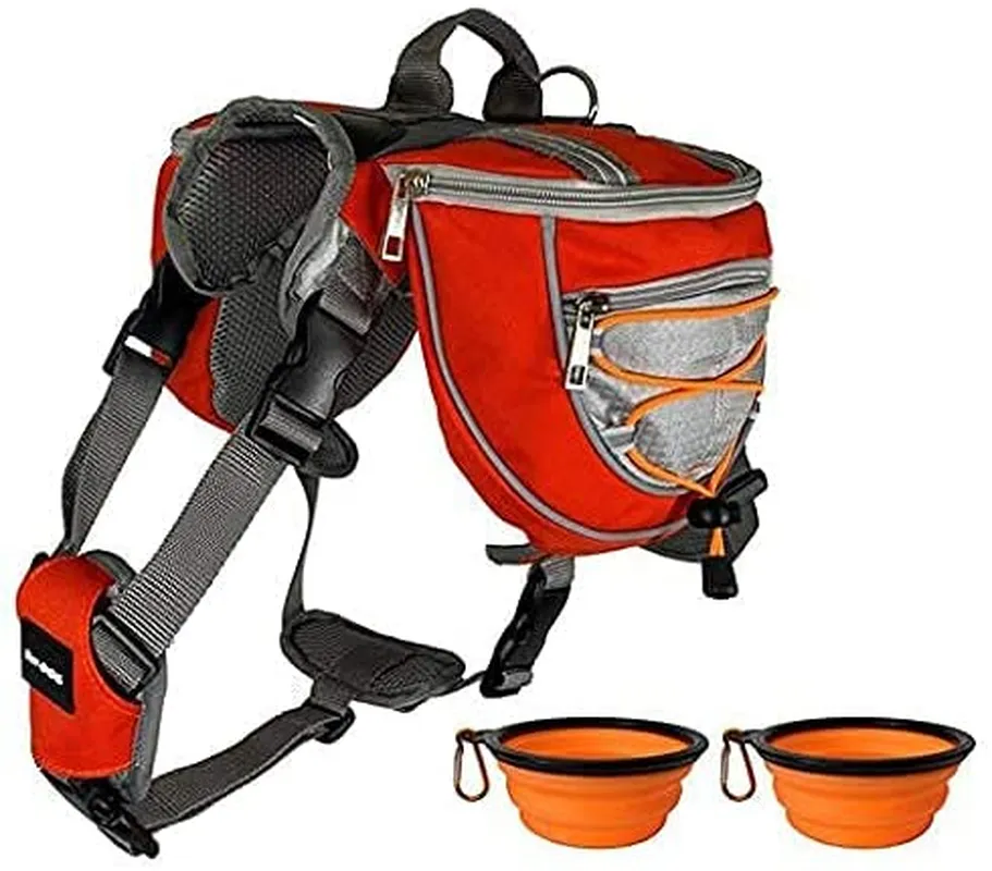 Saddlebag Back Pack & Harness Combo for Dogs | Perfect for Travel, Trail Hiking, & Camping. | Reflective, Lightweight, & Comfortable. | Comes with Two Collapsible Bowls