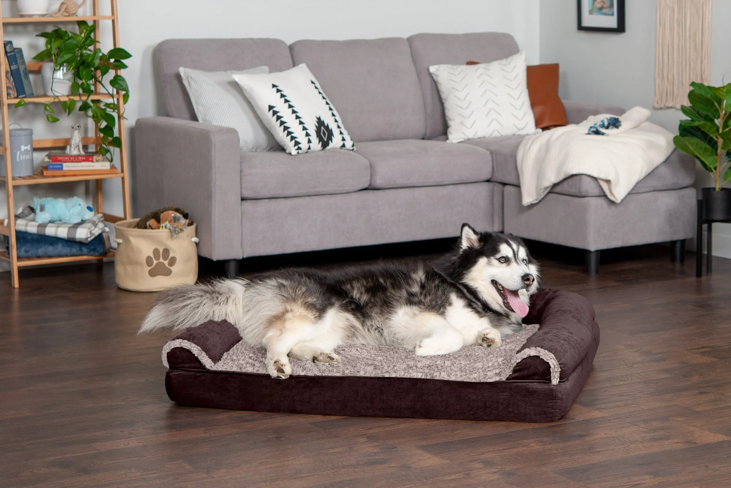 Sofa Dog Bed - Two-Tone Faux Fur & Suede