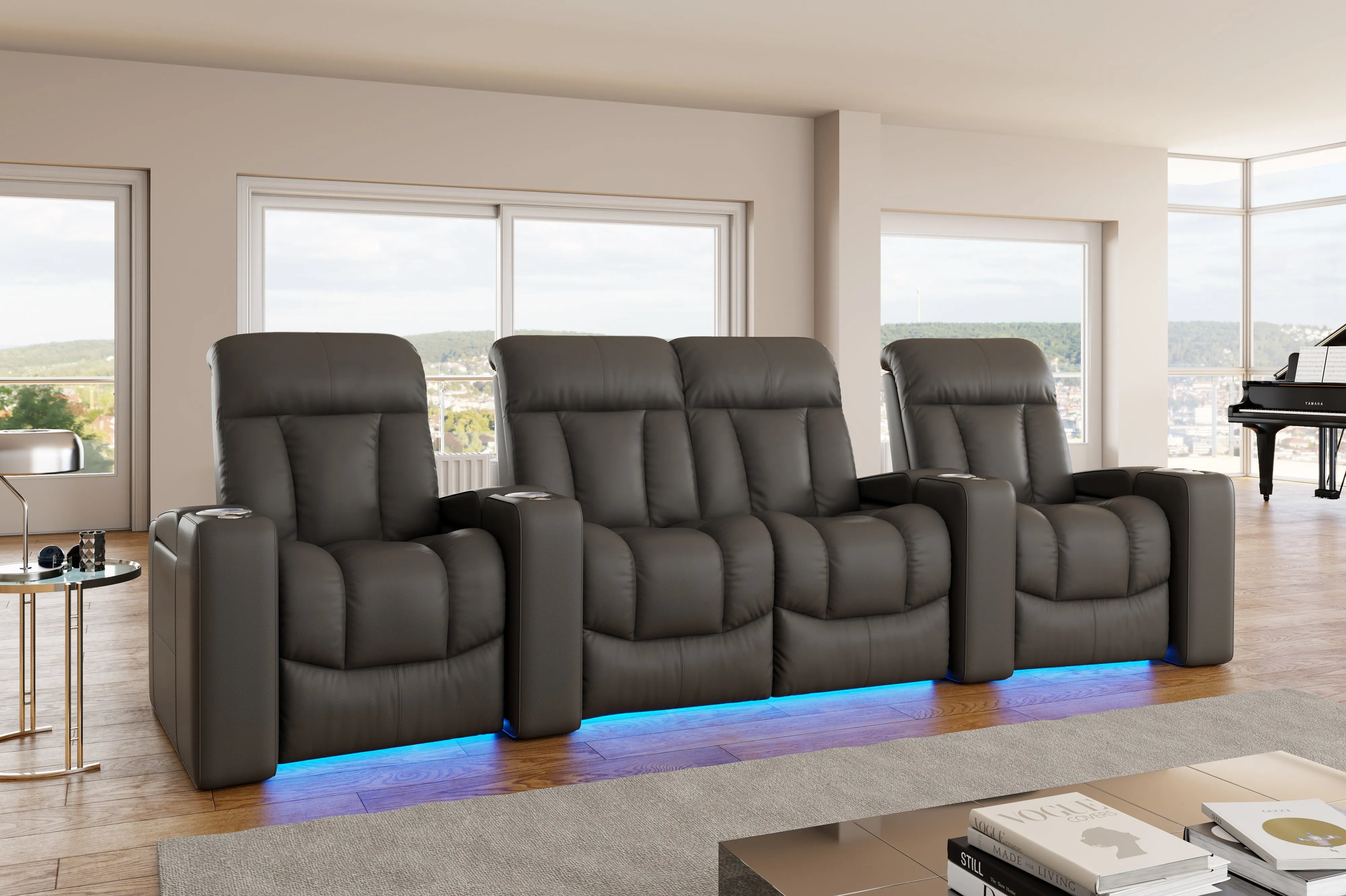 Valencia Olivia Top Grain Leather Row of 4 Home Theater Seating, Cloudy Grey