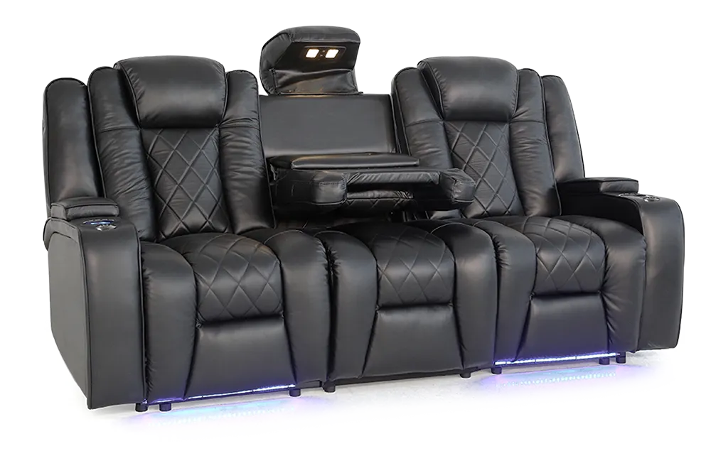 Valencia Oxford Leather Home Theater Seating Console Row of 3 Dropdown Center, Black