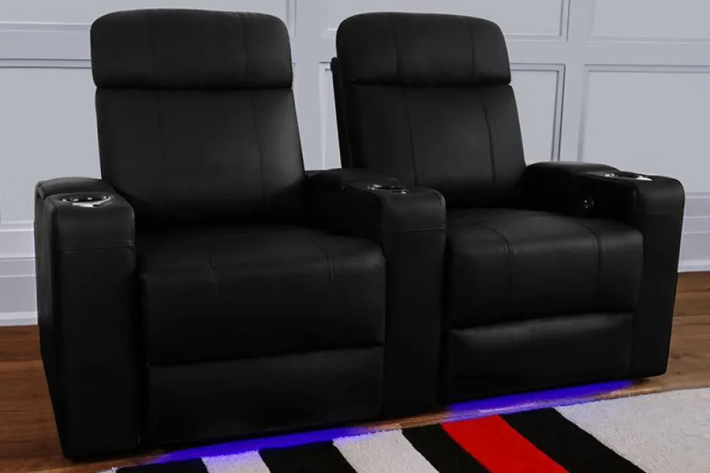 Valencia Piacenza Leather Home Theater Seating Power Headrest Row of 4 Loveseat Center, Black