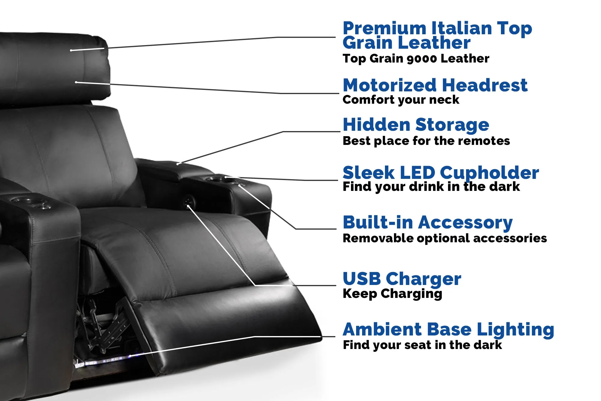 Valencia Piacenza Leather Home Theater Seating Power Headrest Row of 4 Loveseat Center, Black