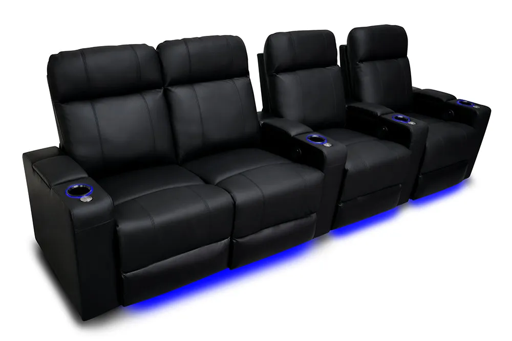 Valencia Piacenza Leather Home Theater Seating Power Headrest Row of 4 Loveseat Left, Black