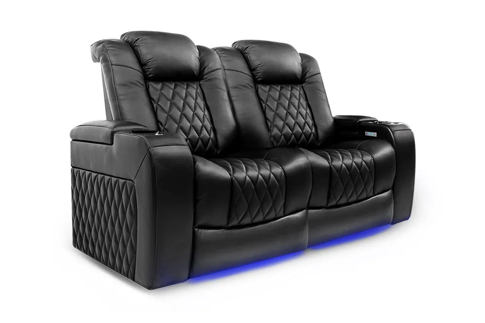 Valencia Tuscany Leather Home Theater Seating Row of 2 Loveseat, Midnight Black