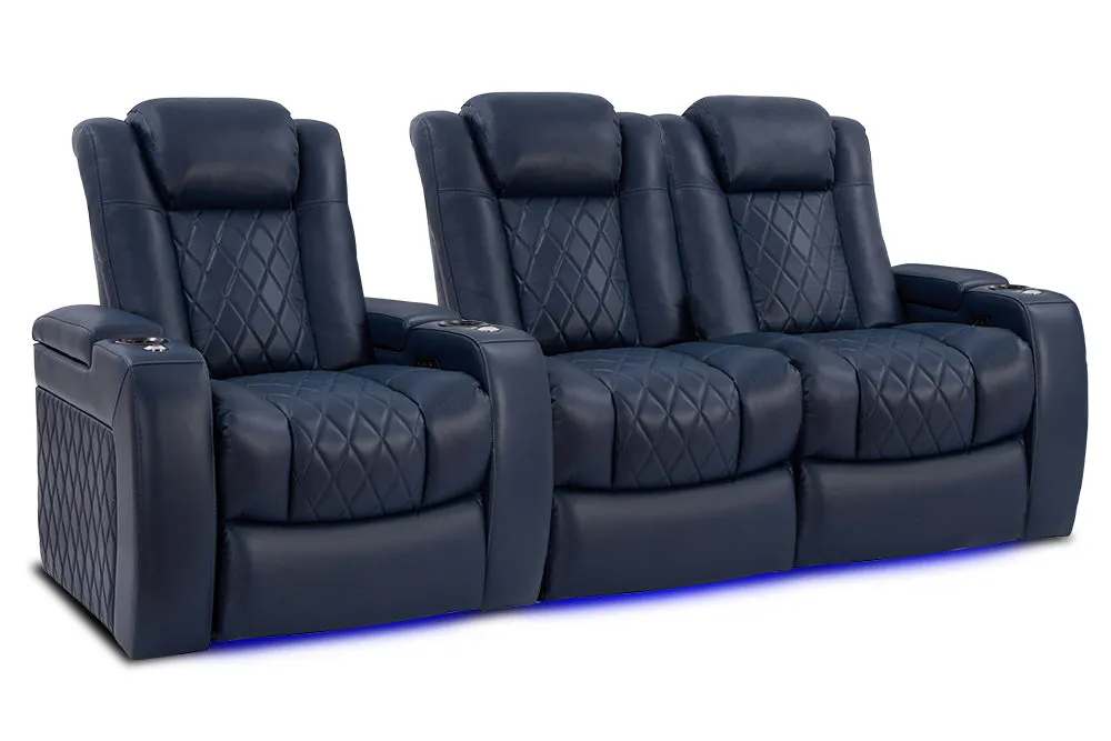 Valencia Tuscany Leather Home Theater Seating Row of 3 Loveseat Right, Navy Blue