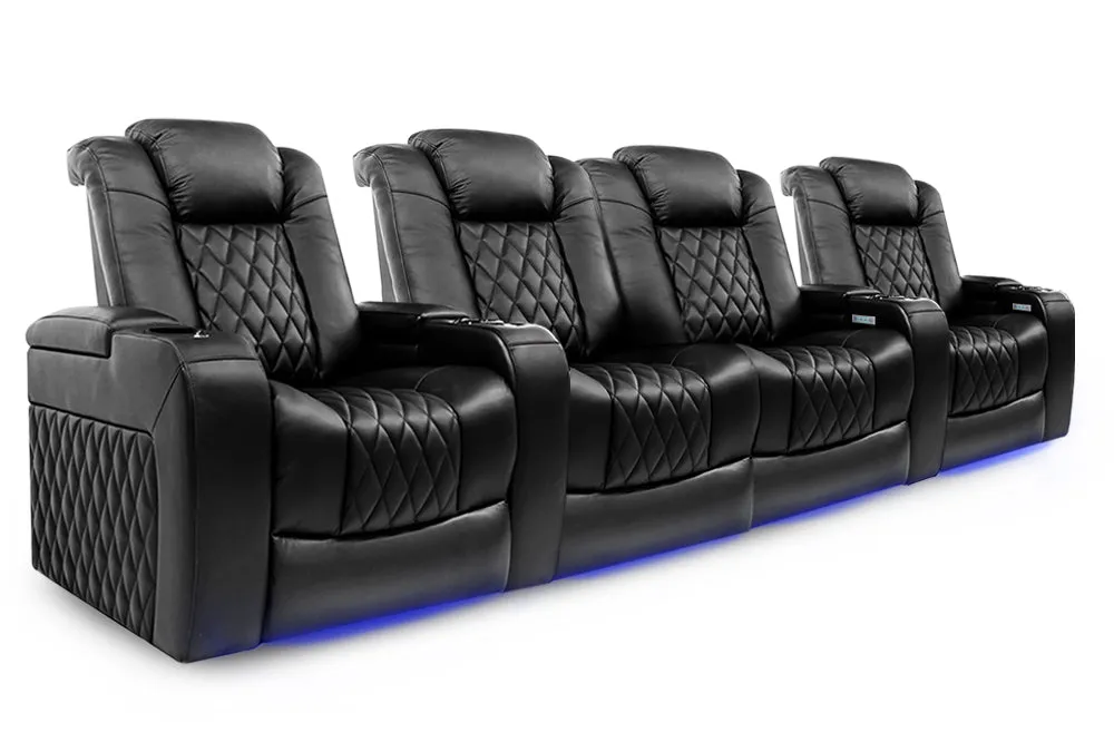 Valencia Tuscany Leather Home Theater Seating Row of 4 Loveseat Center, Midnight Black