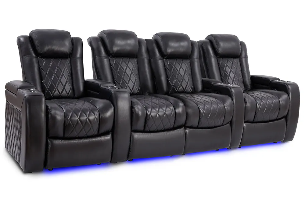 Valencia Tuscany Slim Leather Home Theater Seating Row of 4 Loveseat Center, Midnight Black