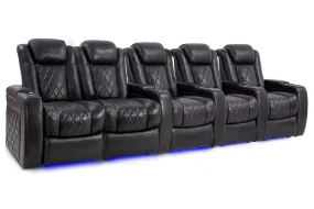 Valencia Tuscany Slim Leather Home Theater Seating Row of 5 Loveseat Left, Midnight Black