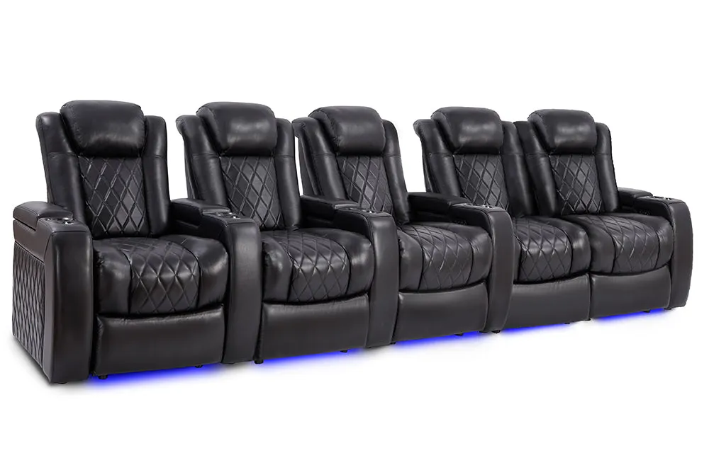 Valencia Tuscany Slim Leather Home Theater Seating Row of 5 Loveseat Right, Midnight Black