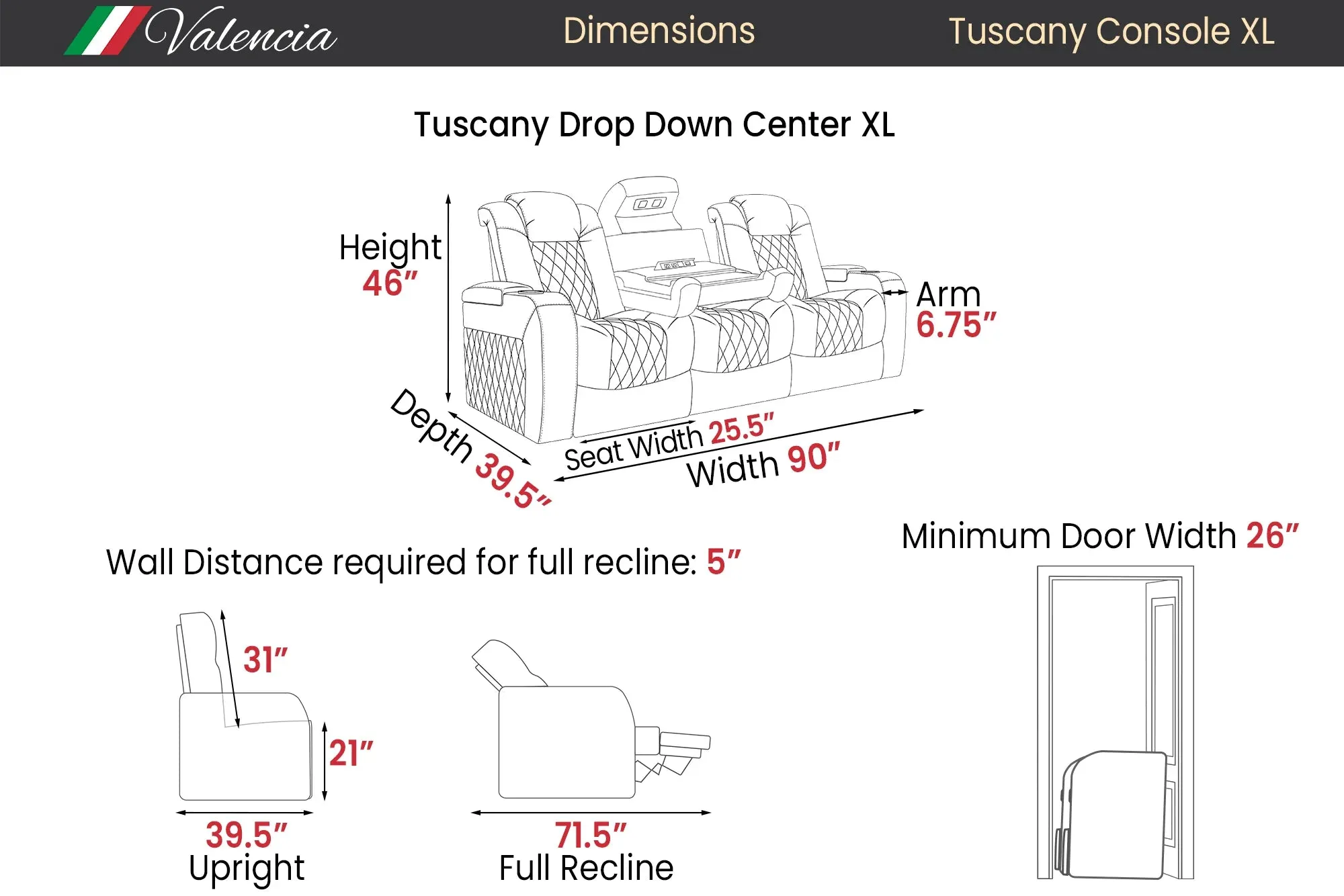 Valencia Tuscany XL Console Leather Home Theater Seating Heavy Duty Row of 3 Dropdown Center, Dark Chocolate