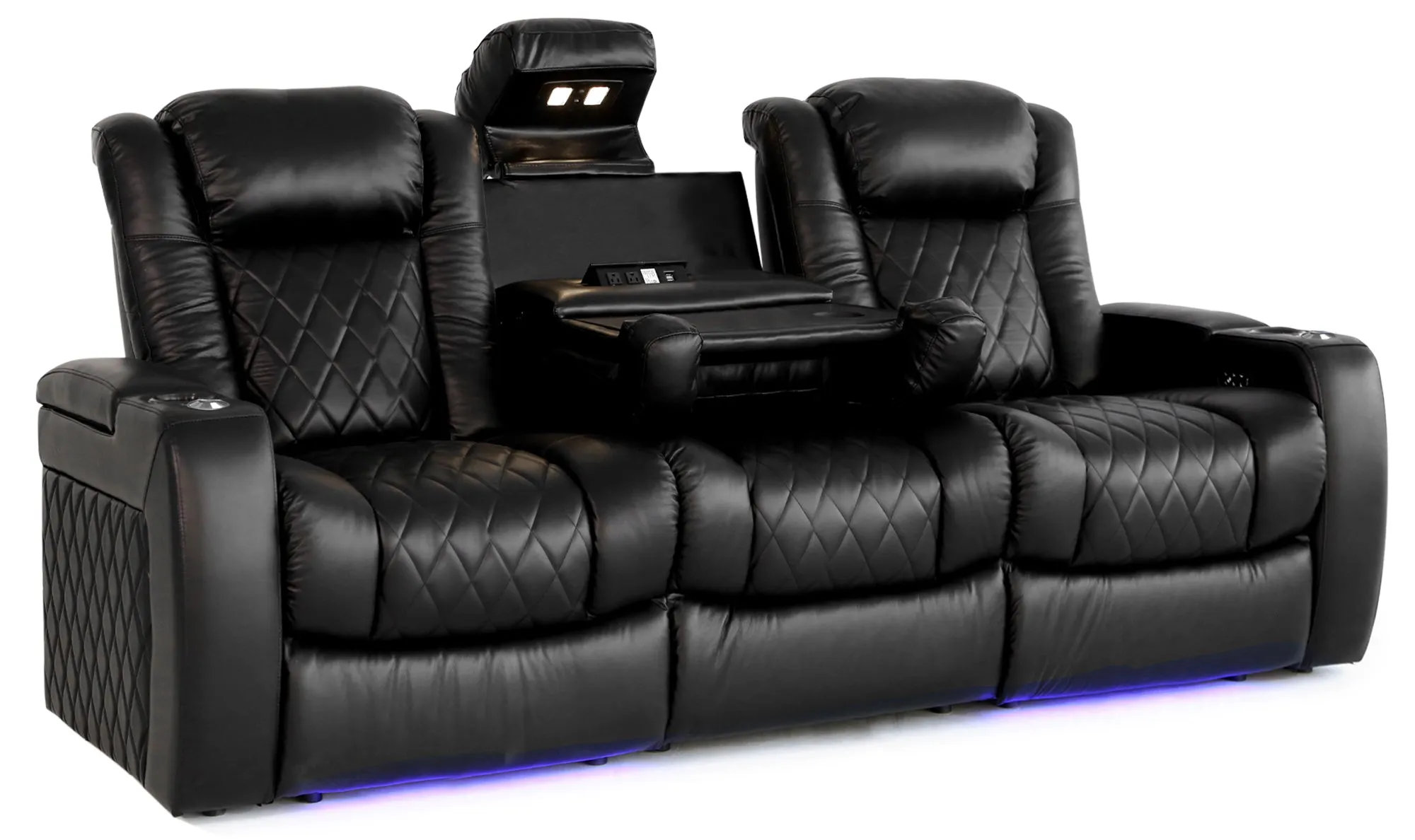 Valencia Tuscany XL Console Leather Home Theater Seating Row of 3 Dropdown Center, Midnight Black