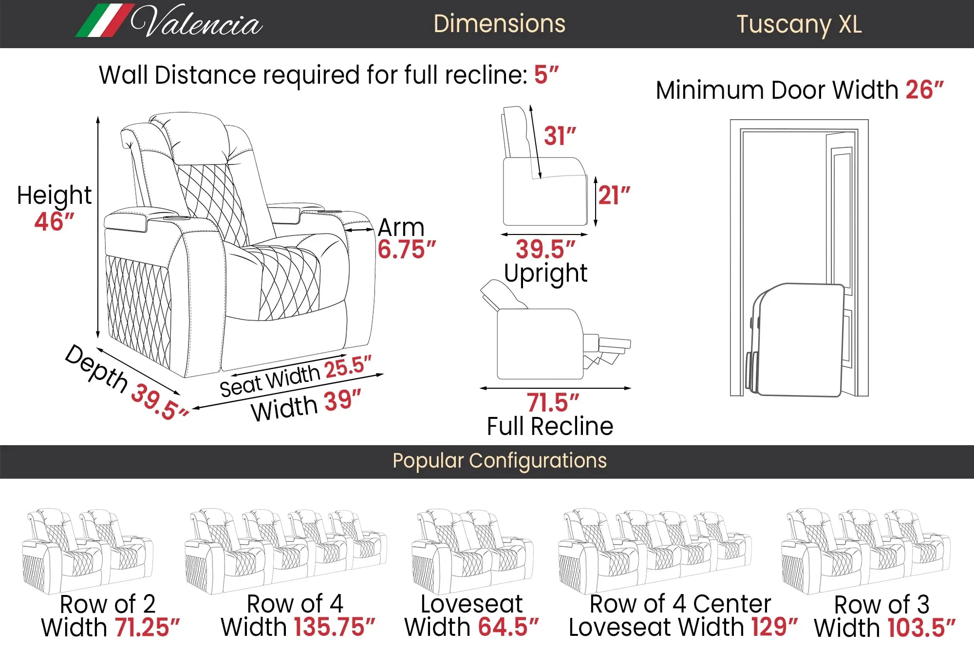 Valencia Tuscany XL Leather Home Theater Seating Heavy Duty Row of 3, Midnight Black