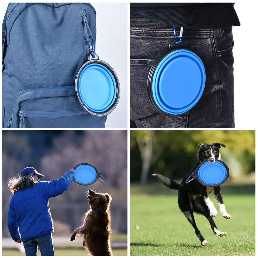 Water Food Bowl for Dogs Cats Collapsible Silicone with Carabiner Clip